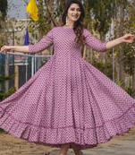 Wine digital printed rayon fit & flare long dress