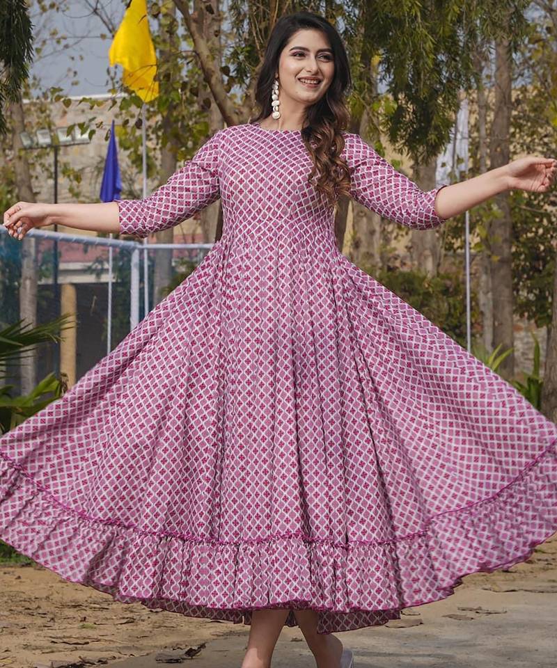 Wine digital printed rayon fit & flare long dress