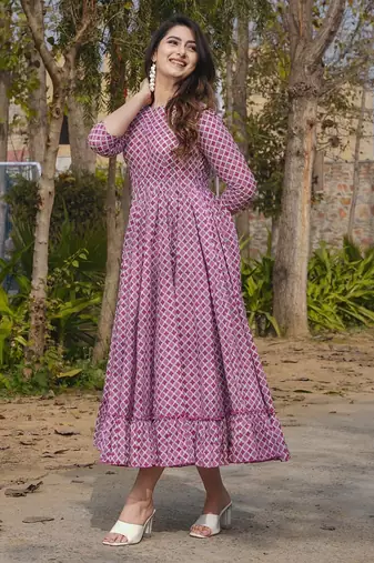 Wine digital printed rayon fit & flare long dress