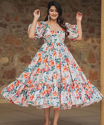 Multicolor digital printed rayon fit & flare long dress 1