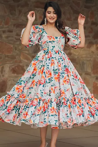 Multicolor digital printed rayon fit & flare long dress