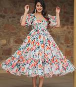 Multicolor digital printed rayon fit & flare long dress