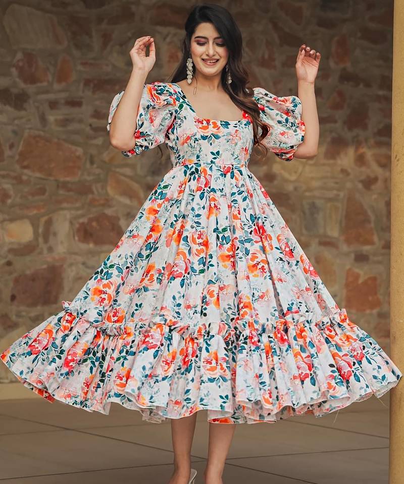 Multicolor digital printed rayon fit & flare long dress