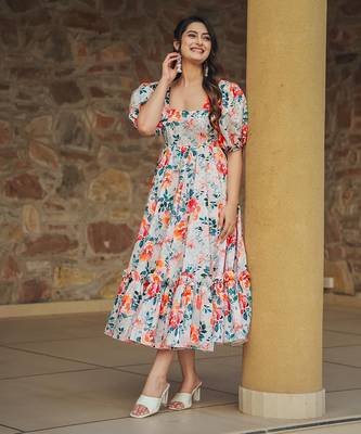 Multicolor digital printed rayon fit & flare long dress 3