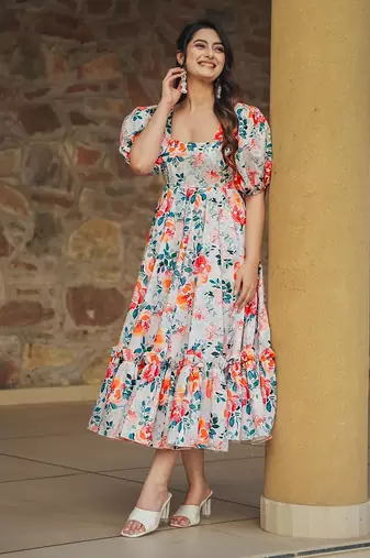 Multicolor digital printed rayon fit & flare long dress