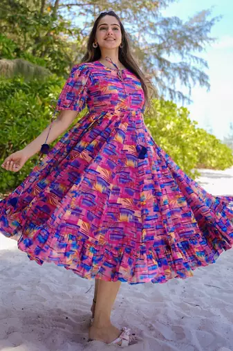 Multicolor digital printed rayon fit & flare long dress