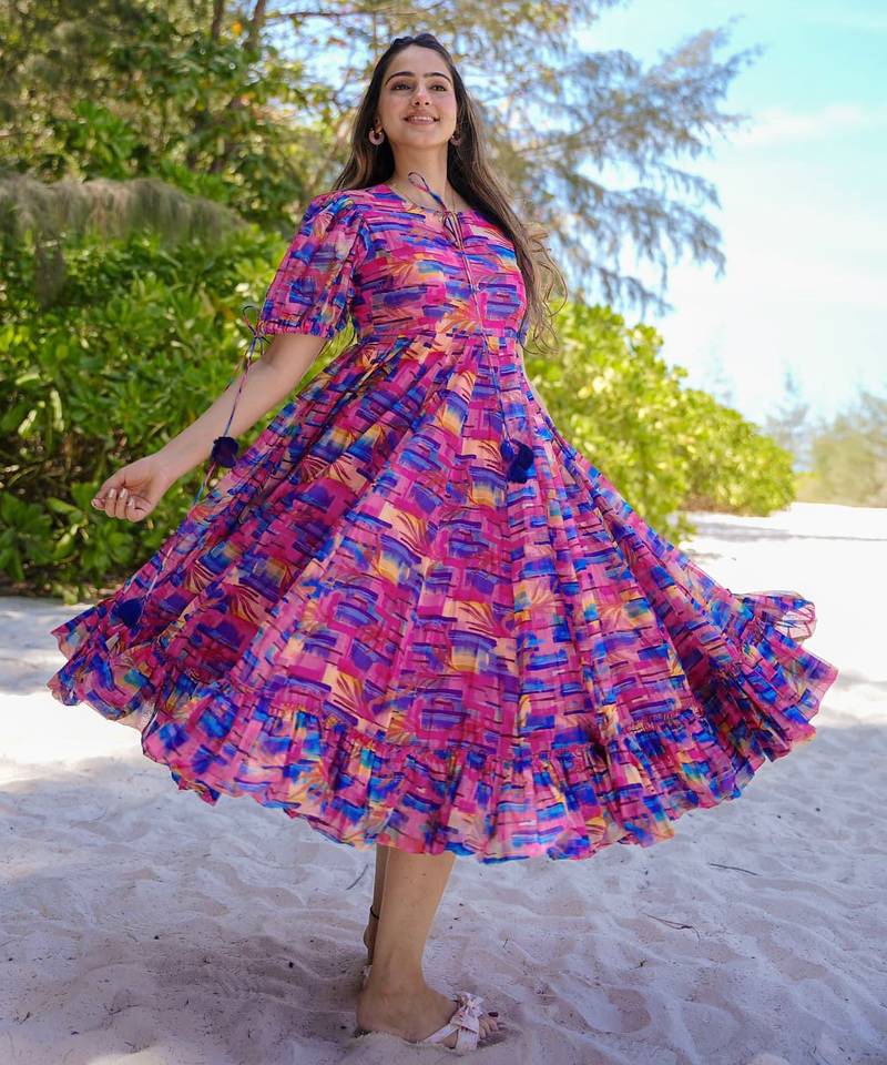 Multicolor digital printed rayon fit & flare long dress