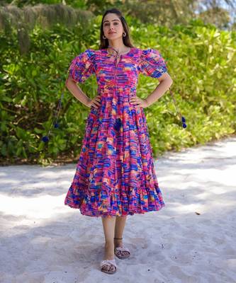 Multicolor digital printed rayon fit & flare long dress 2
