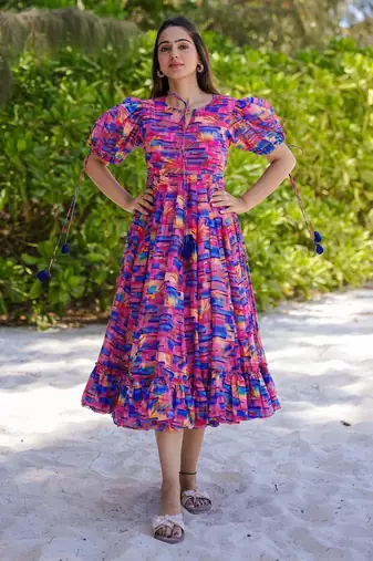 Multicolor digital printed rayon fit & flare long dress