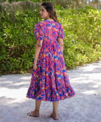 Multicolor digital printed rayon fit & flare long dress 3