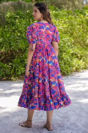 Multicolor digital printed rayon fit & flare long dress