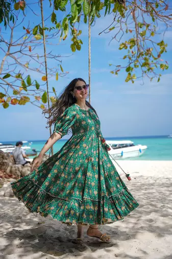 Bottle green digital printed rayon fit & flare long dress