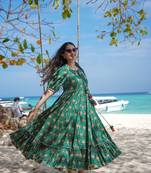 Bottle green digital printed rayon fit & flare long dress