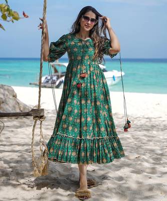 Bottle green digital printed rayon fit & flare long dress 2