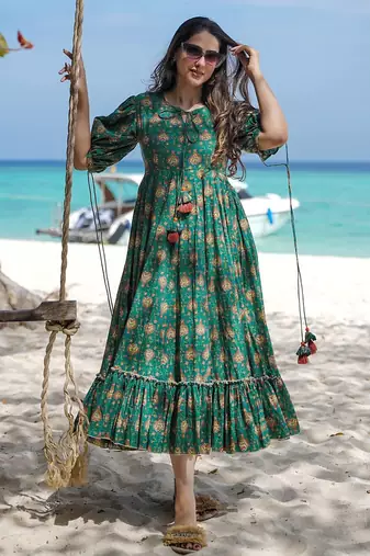 Bottle green digital printed rayon fit & flare long dress