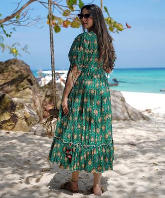 Bottle green digital printed rayon fit & flare long dress 3