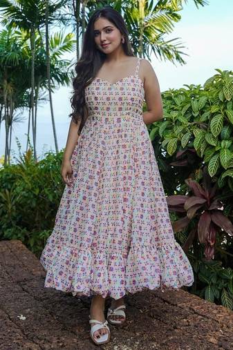 Off white digital printed rayon fit & flare long dress