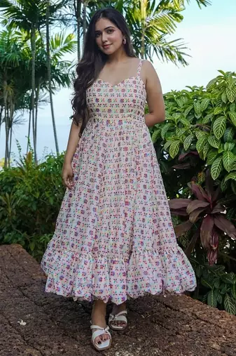 Off white digital printed rayon fit & flare long dress