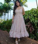 Off white digital printed rayon fit & flare long dress