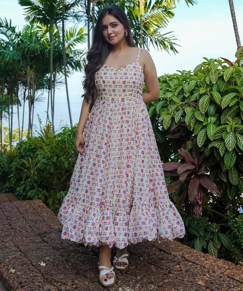 Off white digital printed rayon fit & flare long dress