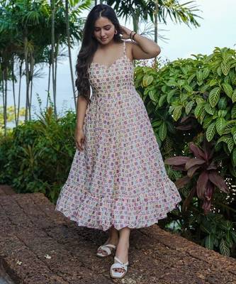 Off white digital printed rayon fit & flare long dress 2