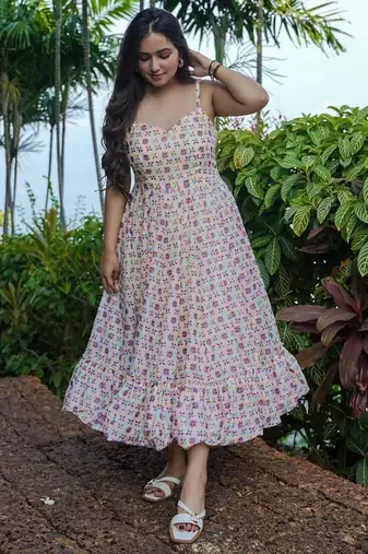 Off white digital printed rayon fit & flare long dress