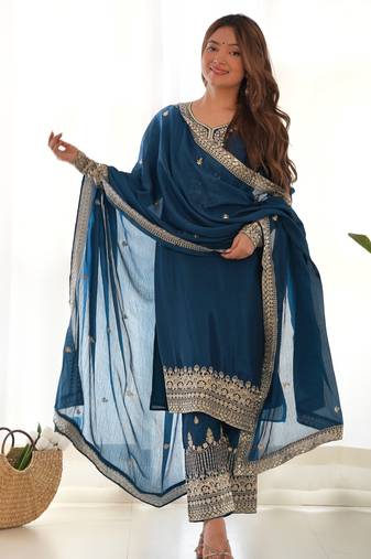 Elegant teal blue traditional suit set for festive wear