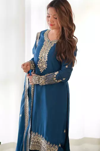 Elegant teal blue traditional suit set for festive wear
