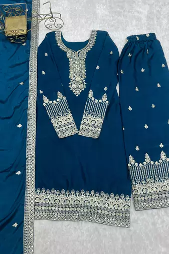 Elegant teal blue traditional suit set for festive wear