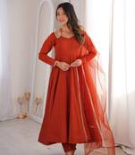 Women   s party wear rust anarkali dress with embroidered lace neck