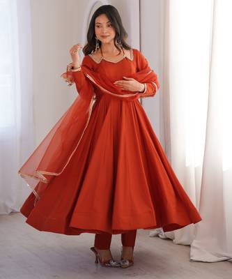 Women   s party wear rust anarkali dress with embroidered lace neck 2