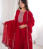 Elegant red embroidered anarkali suit with dupatta