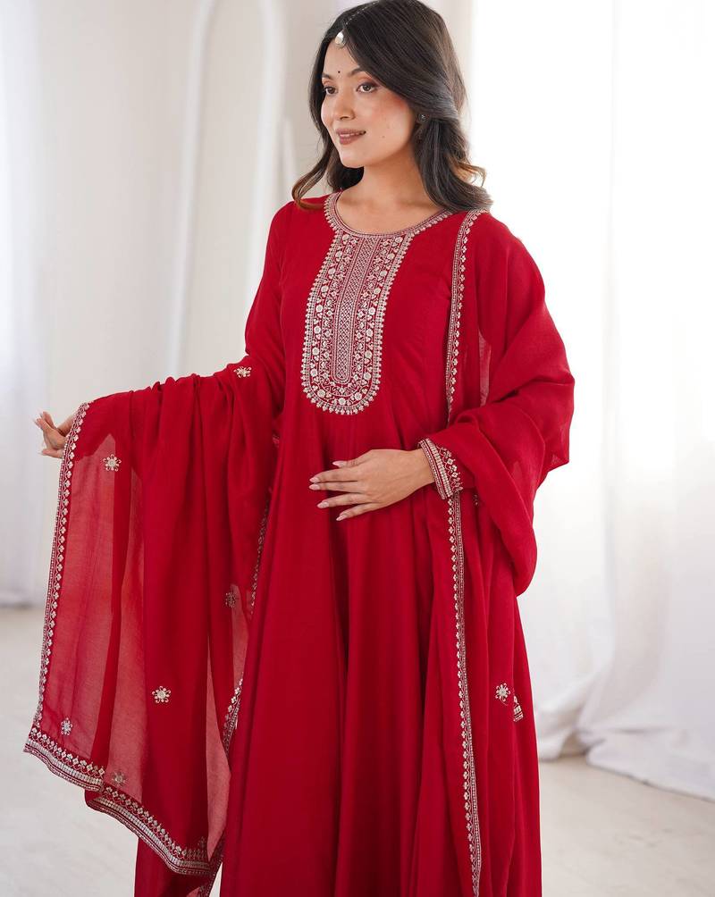 Elegant red embroidered anarkali suit with dupatta