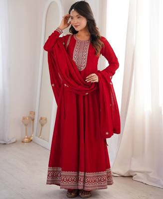 Elegant red embroidered anarkali suit with dupatta 2