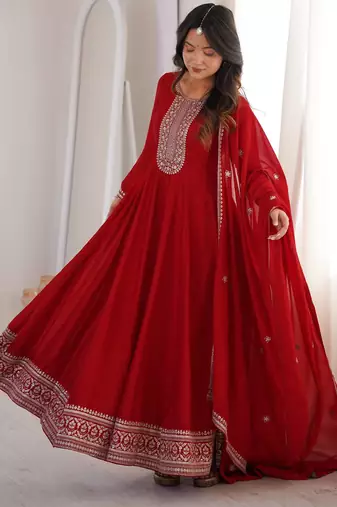 Elegant red embroidered anarkali suit with dupatta