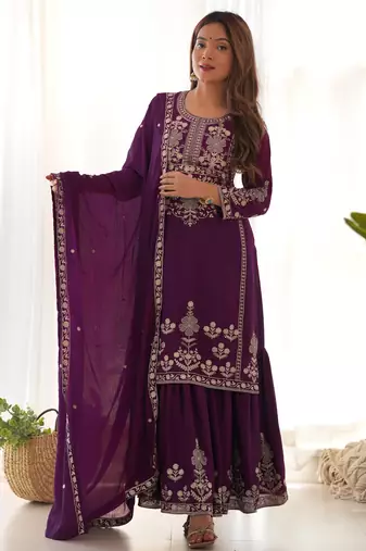Wine purple embroidered kurta sharara set with dupatta