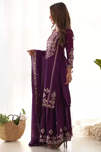 Wine purple embroidered kurta sharara set with dupatta