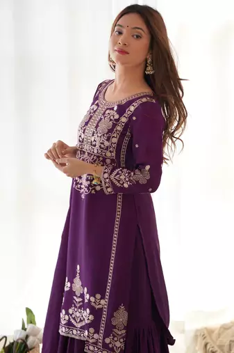 Wine purple embroidered kurta sharara set with dupatta