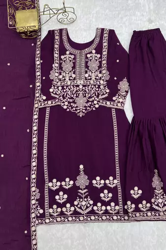 Wine purple embroidered kurta sharara set with dupatta