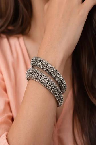 Oxidized silver bangle bracelet set, vintage indian jewelry set of 2 pc