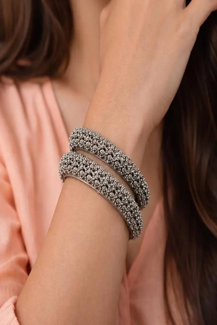 Oxidized silver bangle bracelet set, vintage indian jewelry set of 2 pc