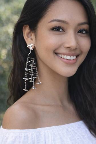 Vintage flying birds spiral statement earrings, oxidised silver drop dangle earrings, artistic sculptural