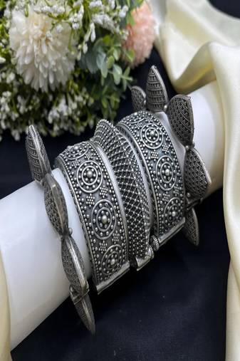Oxidized silver tribal kada set for women, wide statement openable screw bangles