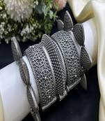 Oxidized silver tribal kada set for women, wide statement openable screw bangles