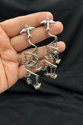 Vintage flying birds spiral statement earrings, oxidised silver drop dangle earrings, artistic sculptural 2