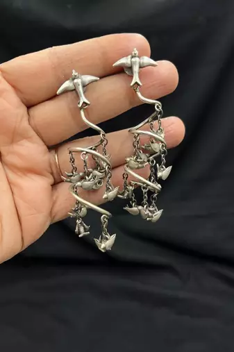 Vintage flying birds spiral statement earrings, oxidised silver drop dangle earrings, artistic sculptural