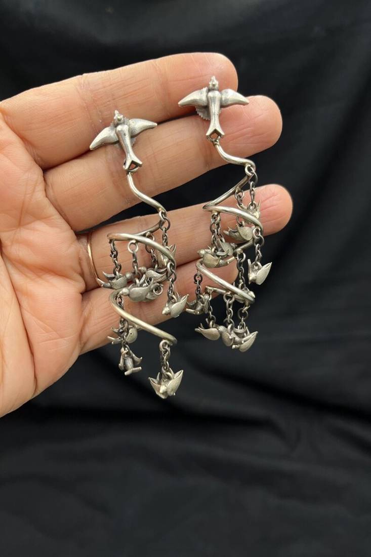 Vintage flying birds spiral statement earrings, oxidised silver drop dangle earrings, artistic sculptural