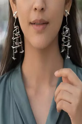 Vintage flying birds spiral statement earrings, oxidised silver drop dangle earrings, artistic sculptural