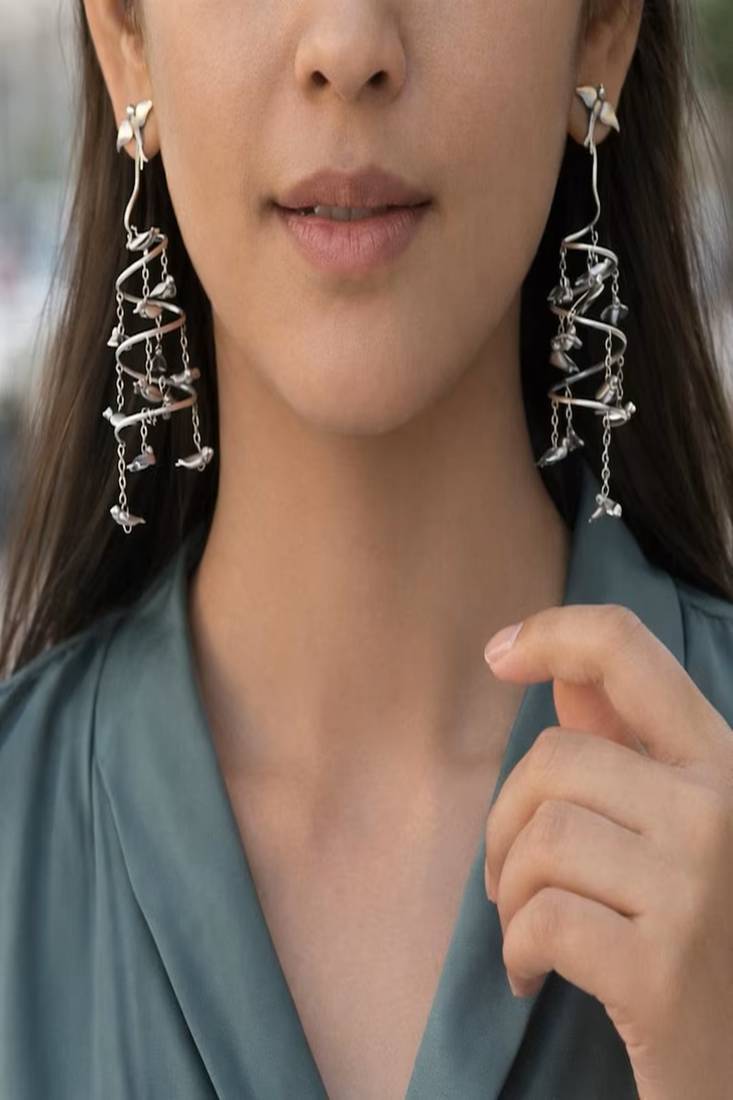 Vintage flying birds spiral statement earrings, oxidised silver drop dangle earrings, artistic sculptural