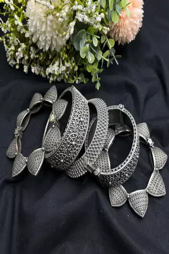 Oxidized silver tribal kada set for women, wide statement openable screw bangles